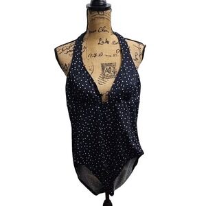 Navy Blue White Polka Dot Halter Neck One Piece Swimsuit Ring Detail‎